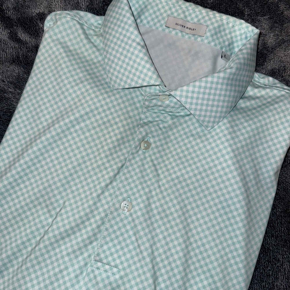 Oliver Ridley Performance Polo‎ Large Men's Aqua And White Diagonal Check Print